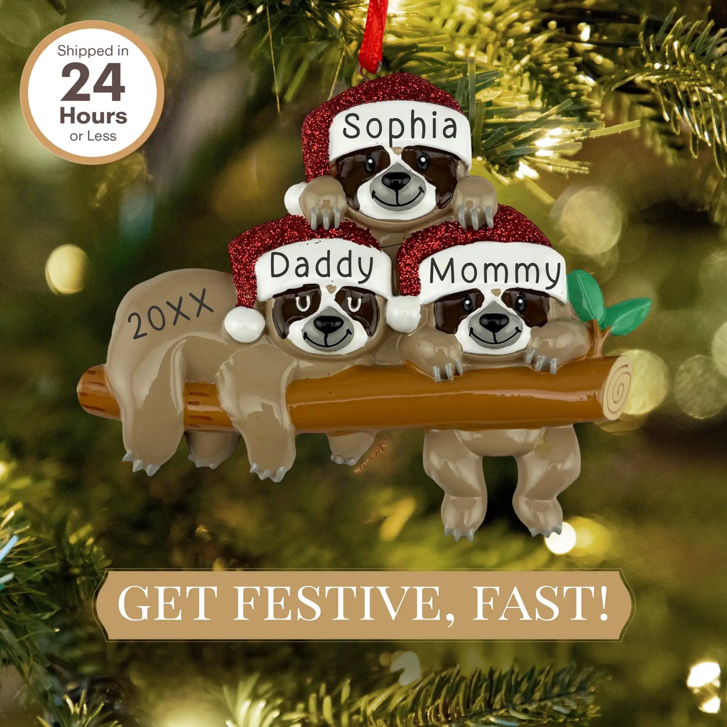 Sloth Family of 3 Personalized Ornament