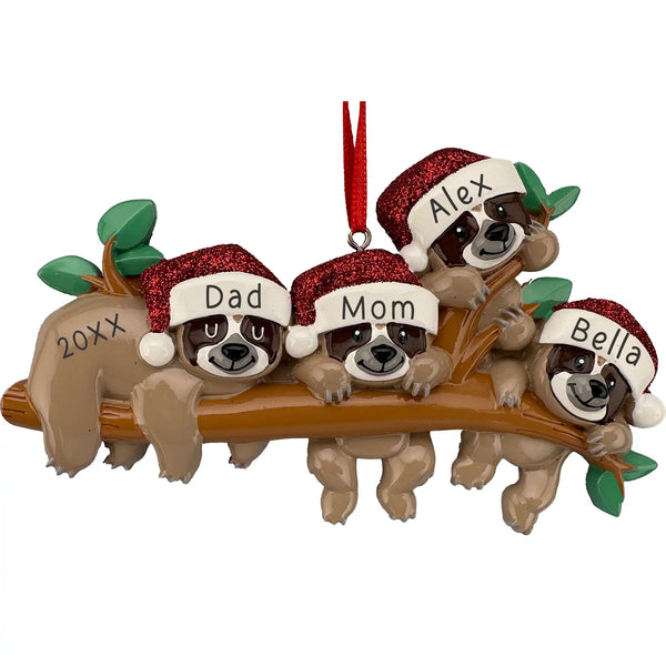 Sloth Family of 4 Personalized Christmas Ornament