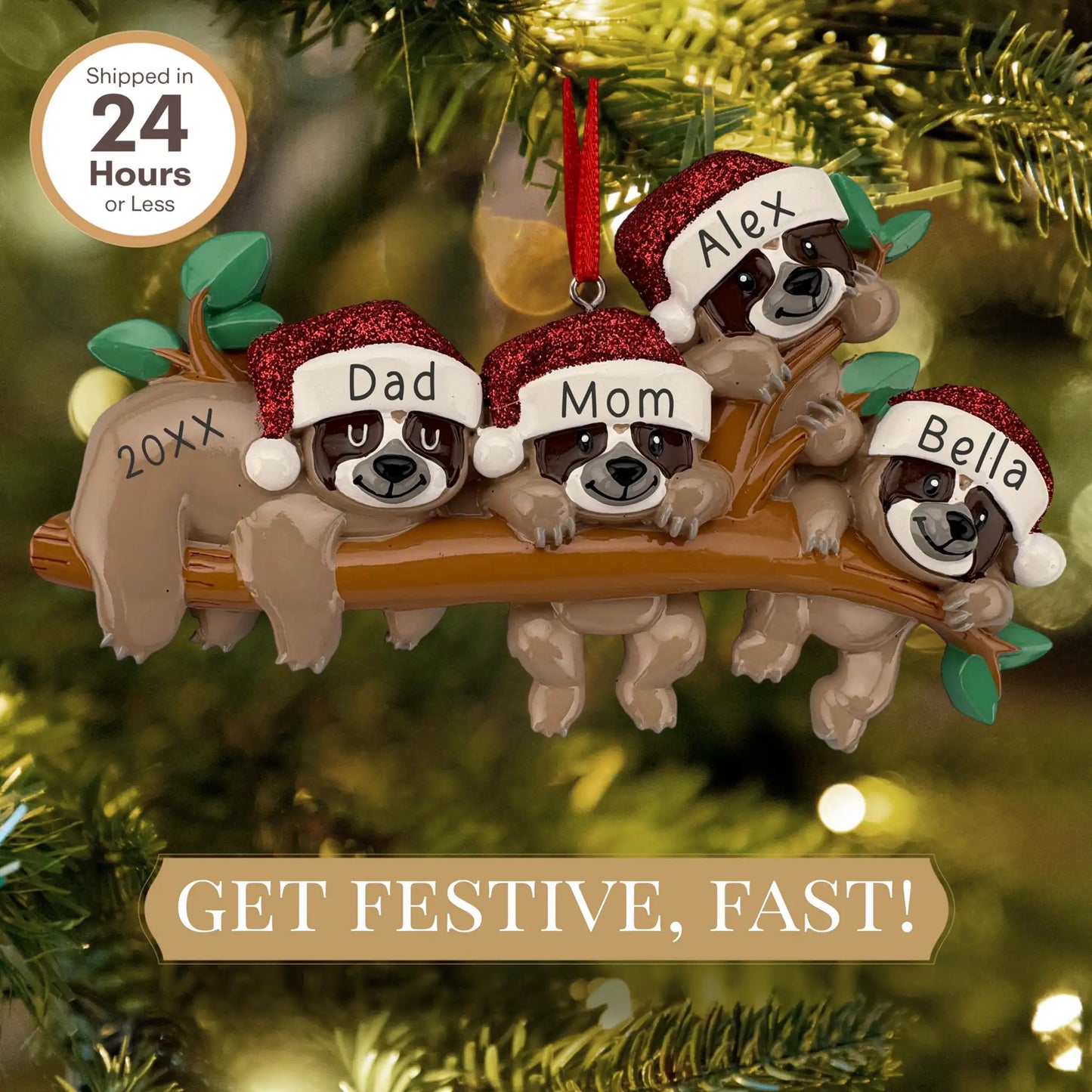 Sloth Family of 4 Personalized Ornament