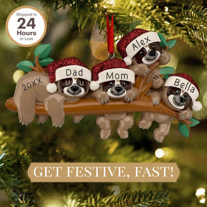 Sloth Family of 4 Personalized Ornament