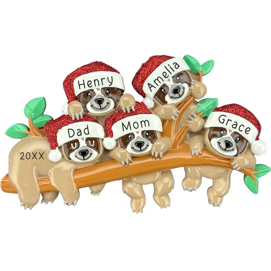 Sloth family of five ornament with personalized names on a branch against a white background