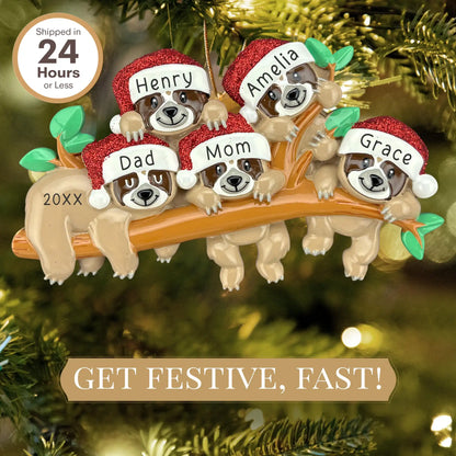 Sloth Family of 5 Personalized Ornament