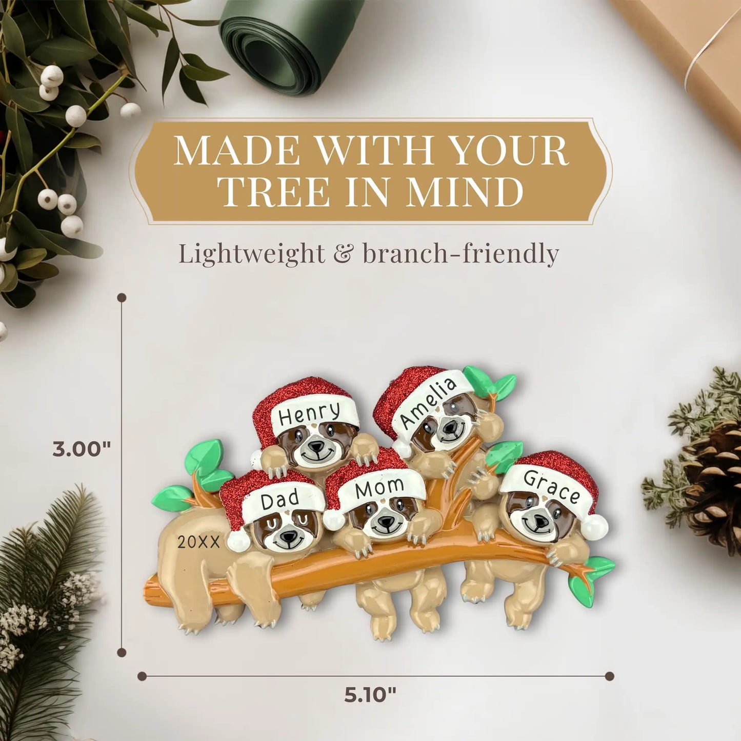 Sloth Family of 5 Personalized Ornament