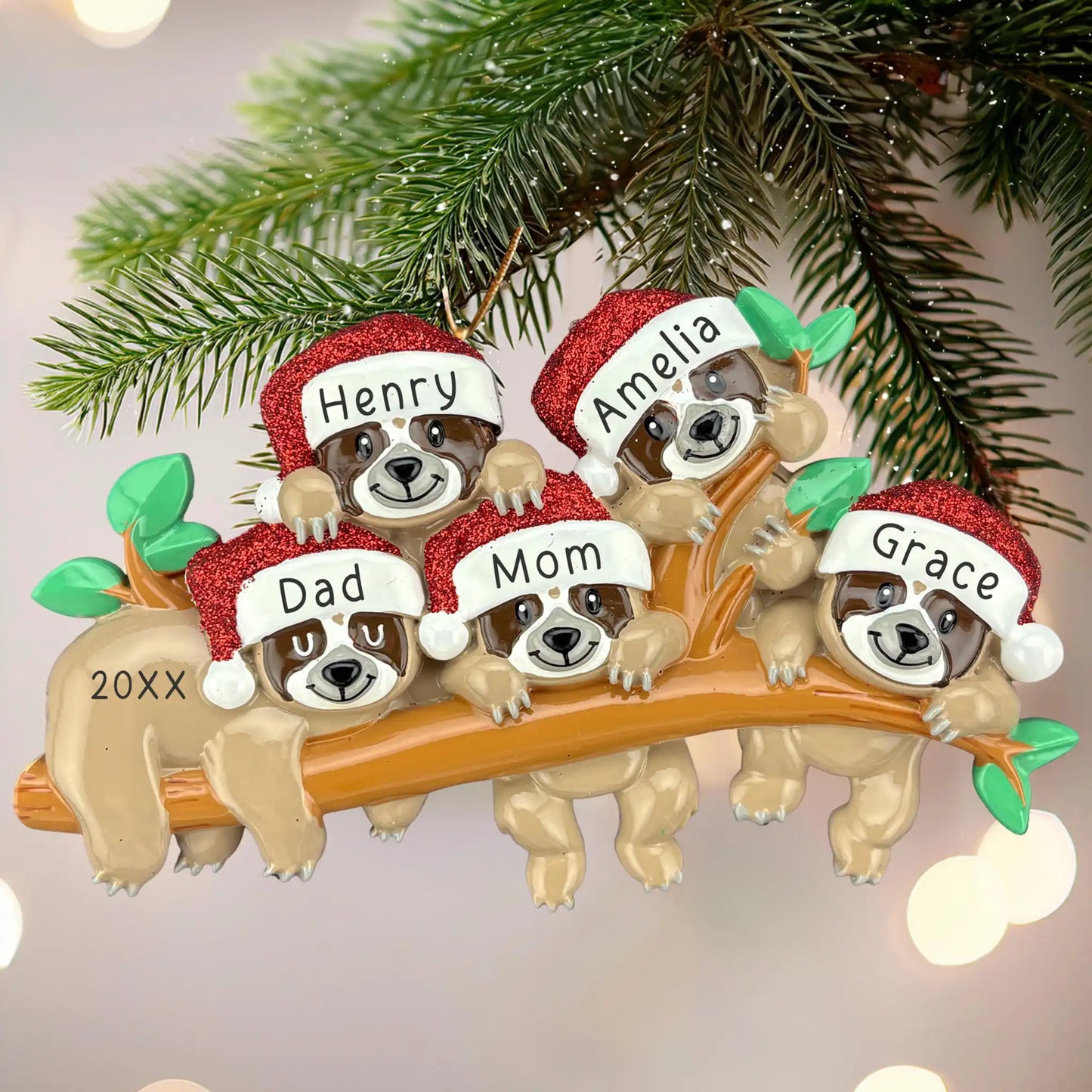 Sloth Family of 5 Personalized Ornament