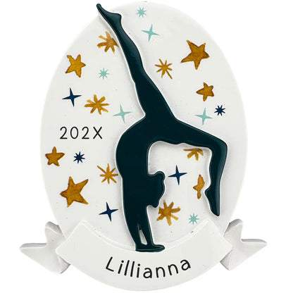 Gymnastics personalized ornament with handstand silhouette and stars, customizable with name and year