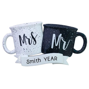 Personalized Mr & Mrs couple mug Christmas ornament, two speckled coffee mugs engraved with a family name and year