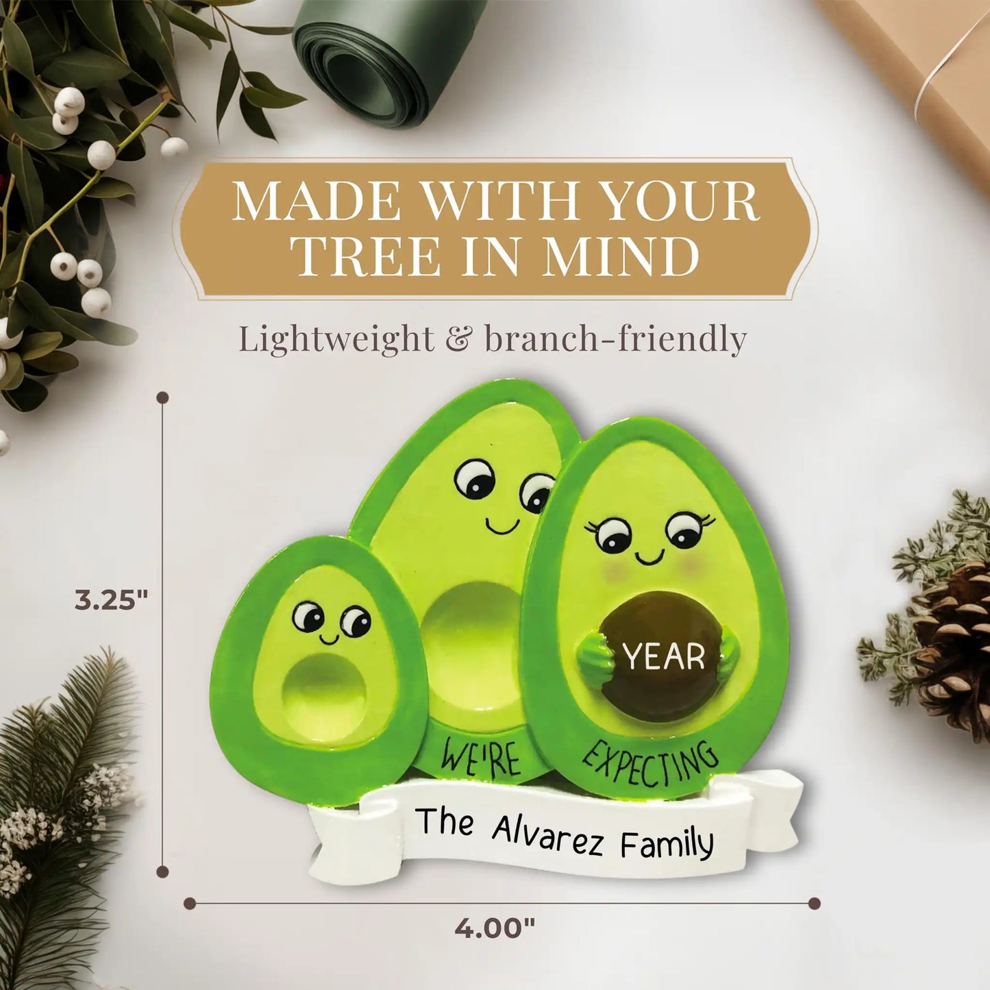 Adorno personalizado de aguacate para familia de 3