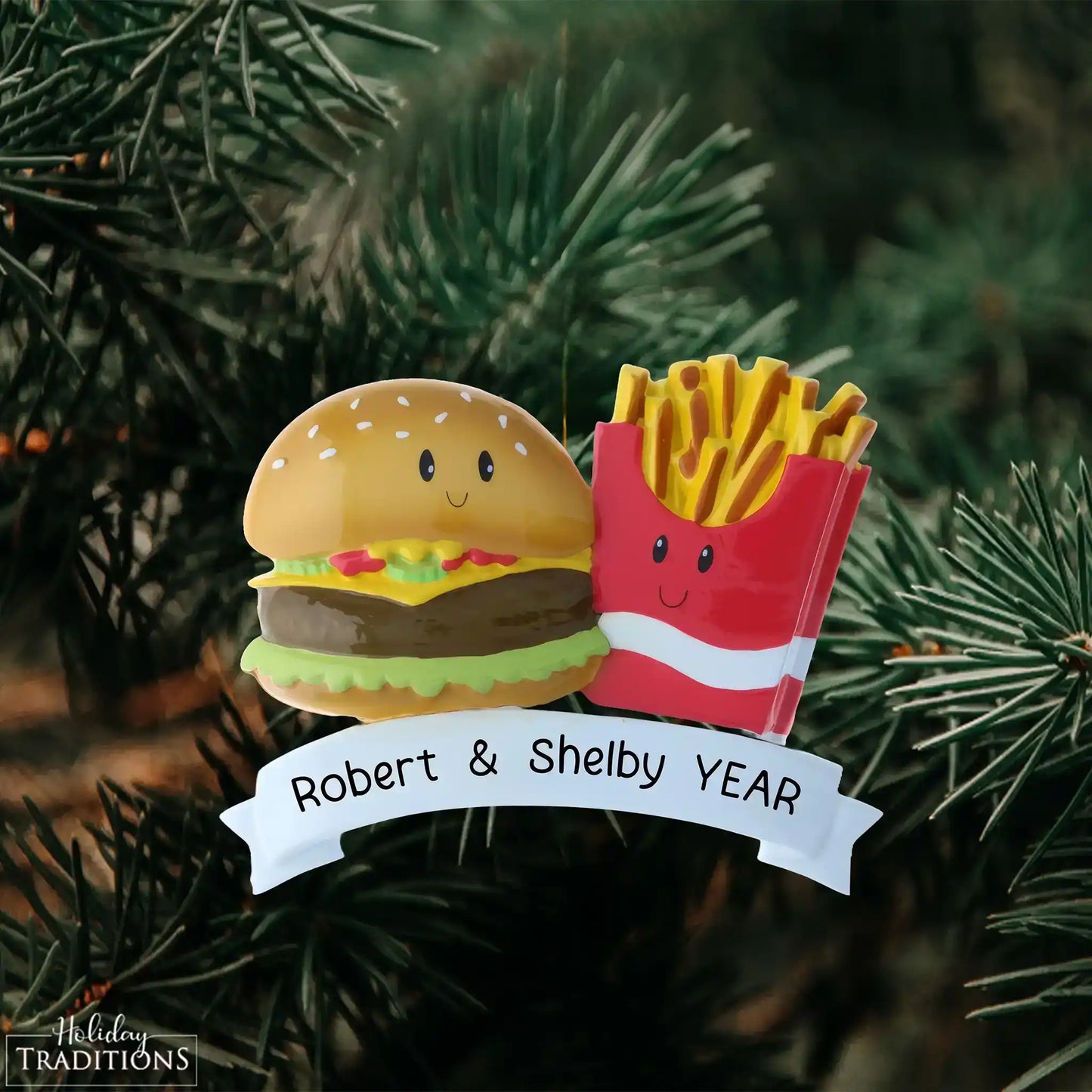 Adorno navideño de hamburguesa y papas fritas