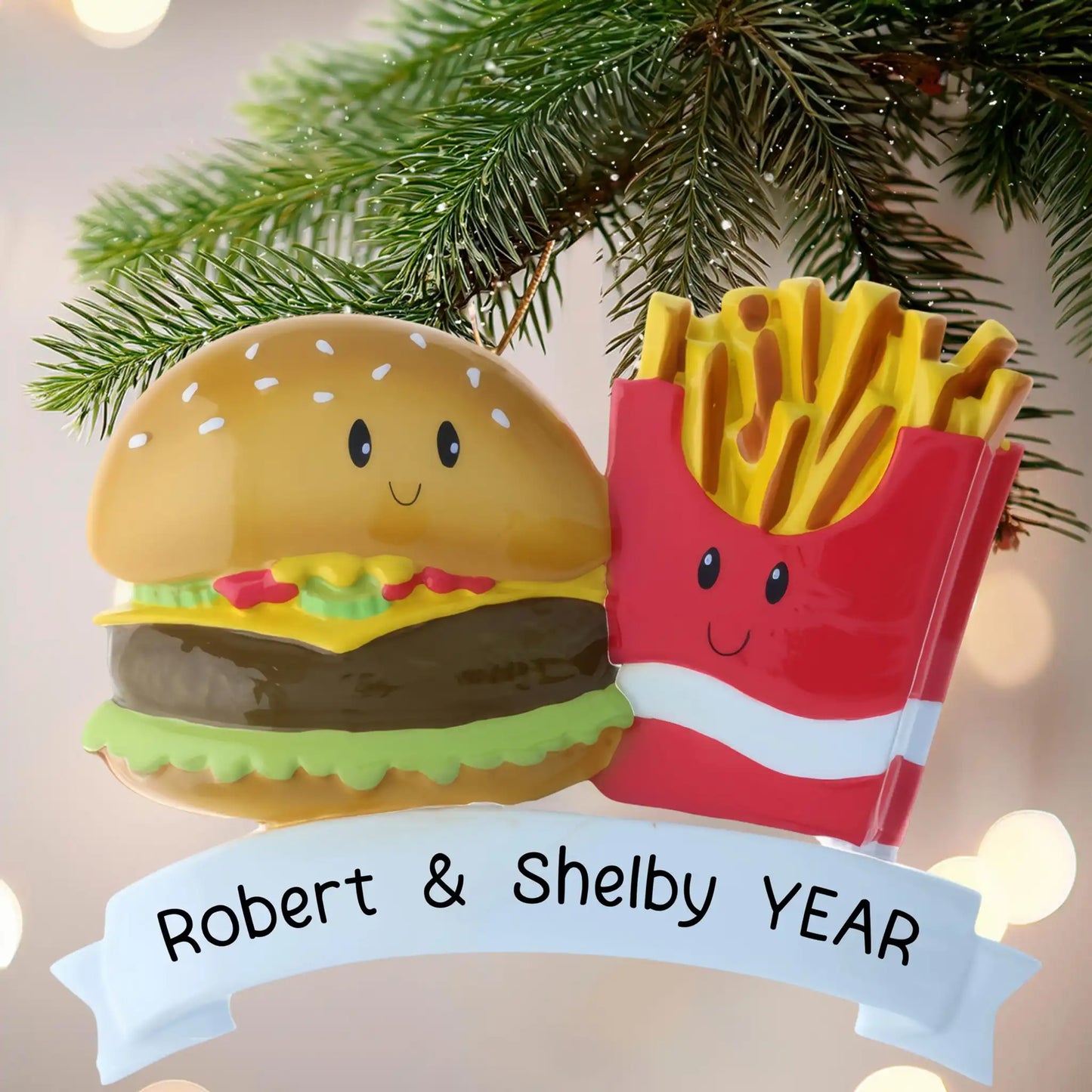 Adorno navideño de hamburguesa y papas fritas