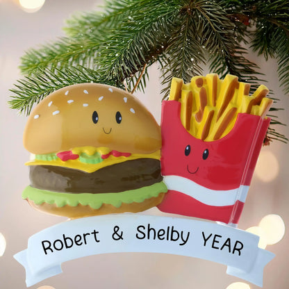 Adorno navideño de hamburguesa y papas fritas