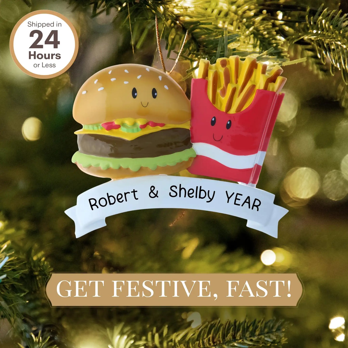 Adorno navideño de hamburguesa y papas fritas