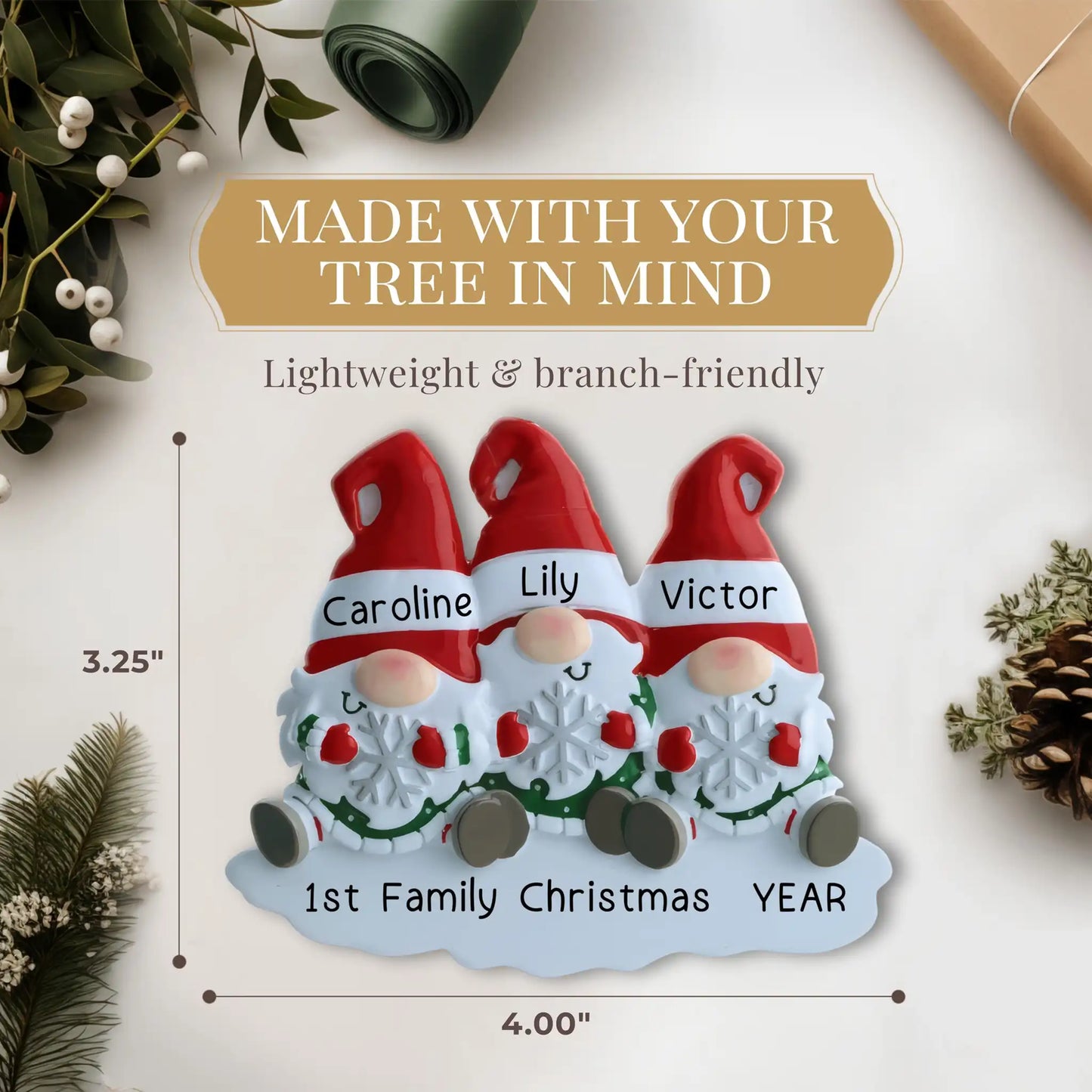 Adorno navideño de familia de 3 gnomos - Copo de nieve 