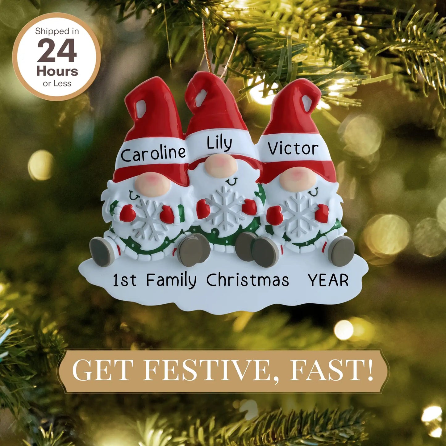 Adorno navideño de familia de 3 gnomos - Copo de nieve 