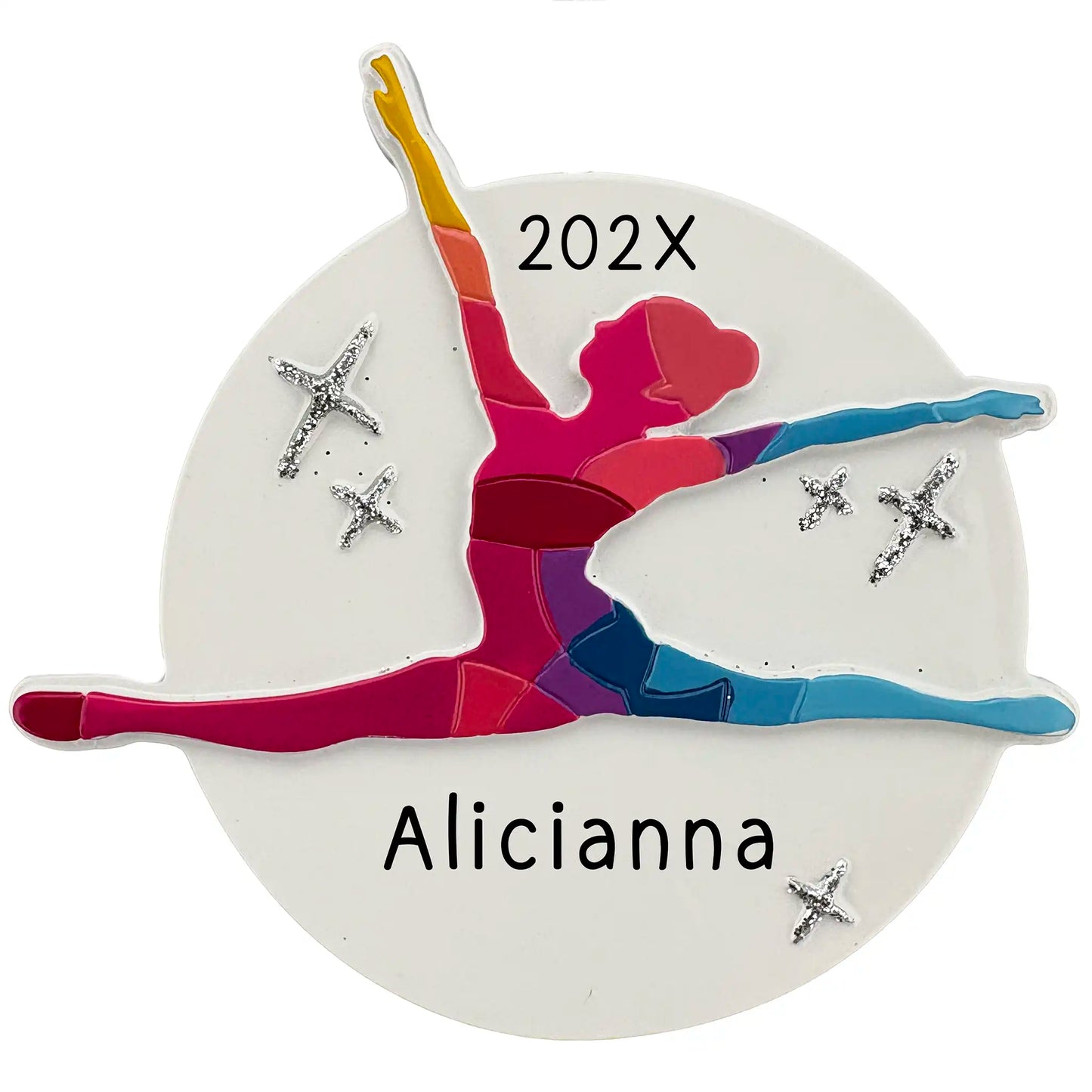 Personalized dance ornament with a colorful dancer silhouette on a white background with glittered stars.