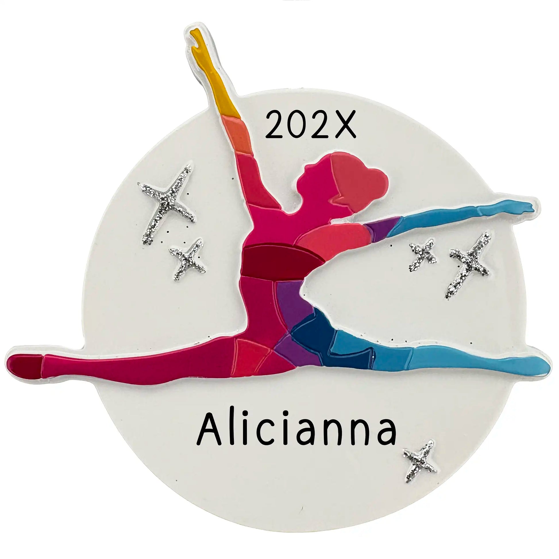 Personalized dance ornament with a colorful dancer silhouette on a white background with glittered stars.