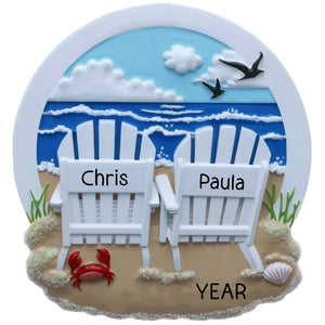 Personalized beach chair Christmas ornament for couples with two Adirondack chairs and custom names and year engraved
