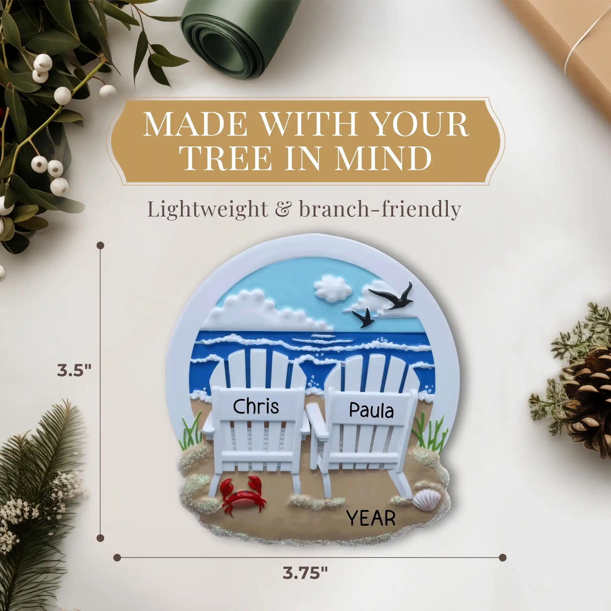 Decorative beach-themed ornament with a bench and personalized text, surrounded by decorative elements.