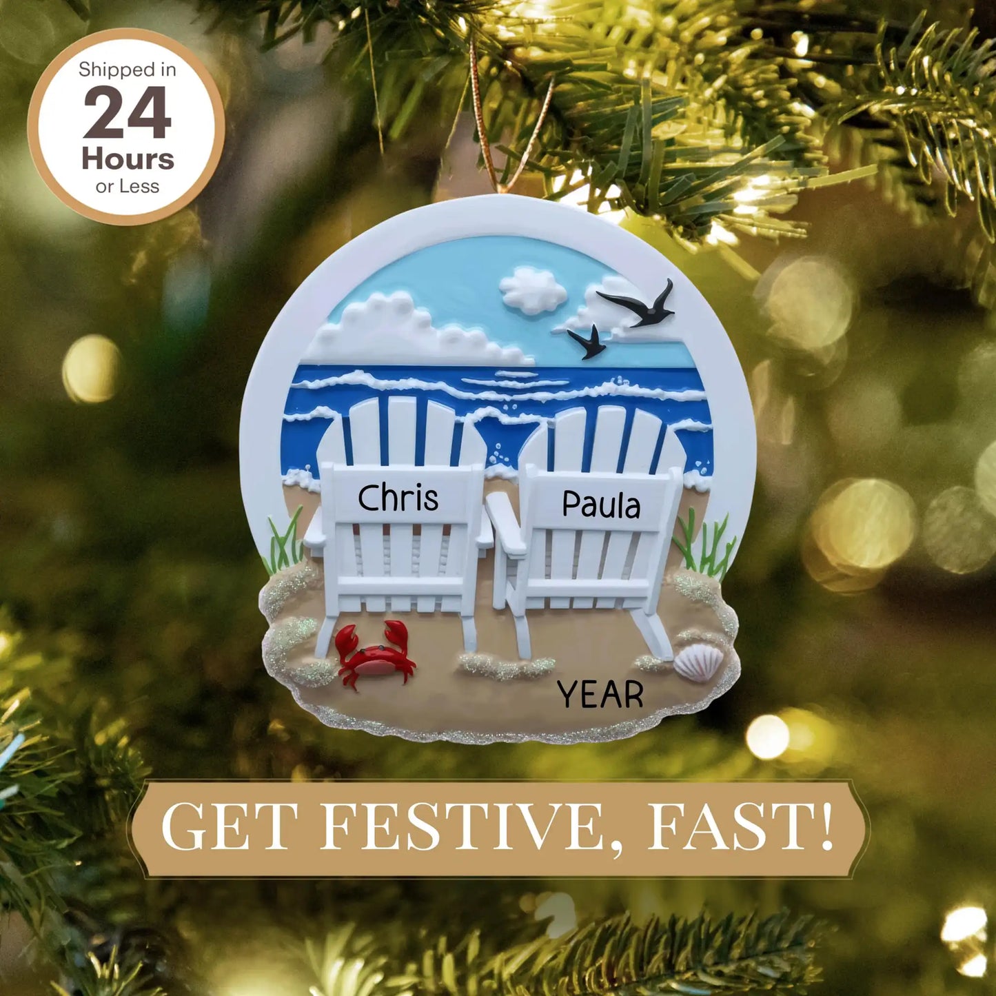 Close-up of laser engraved names and year on personalized beach couples Christmas ornament
