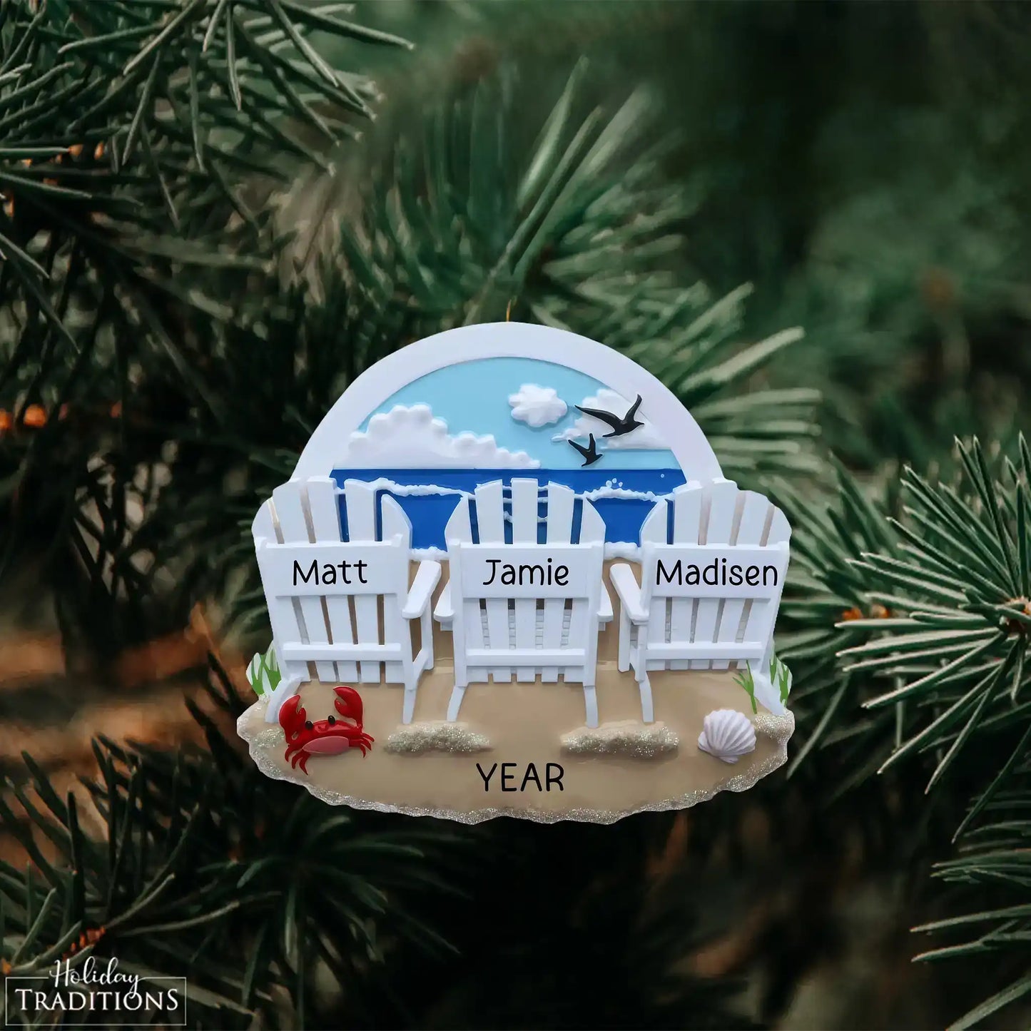 Adorno navideño de familia de 3 sillas de playa 