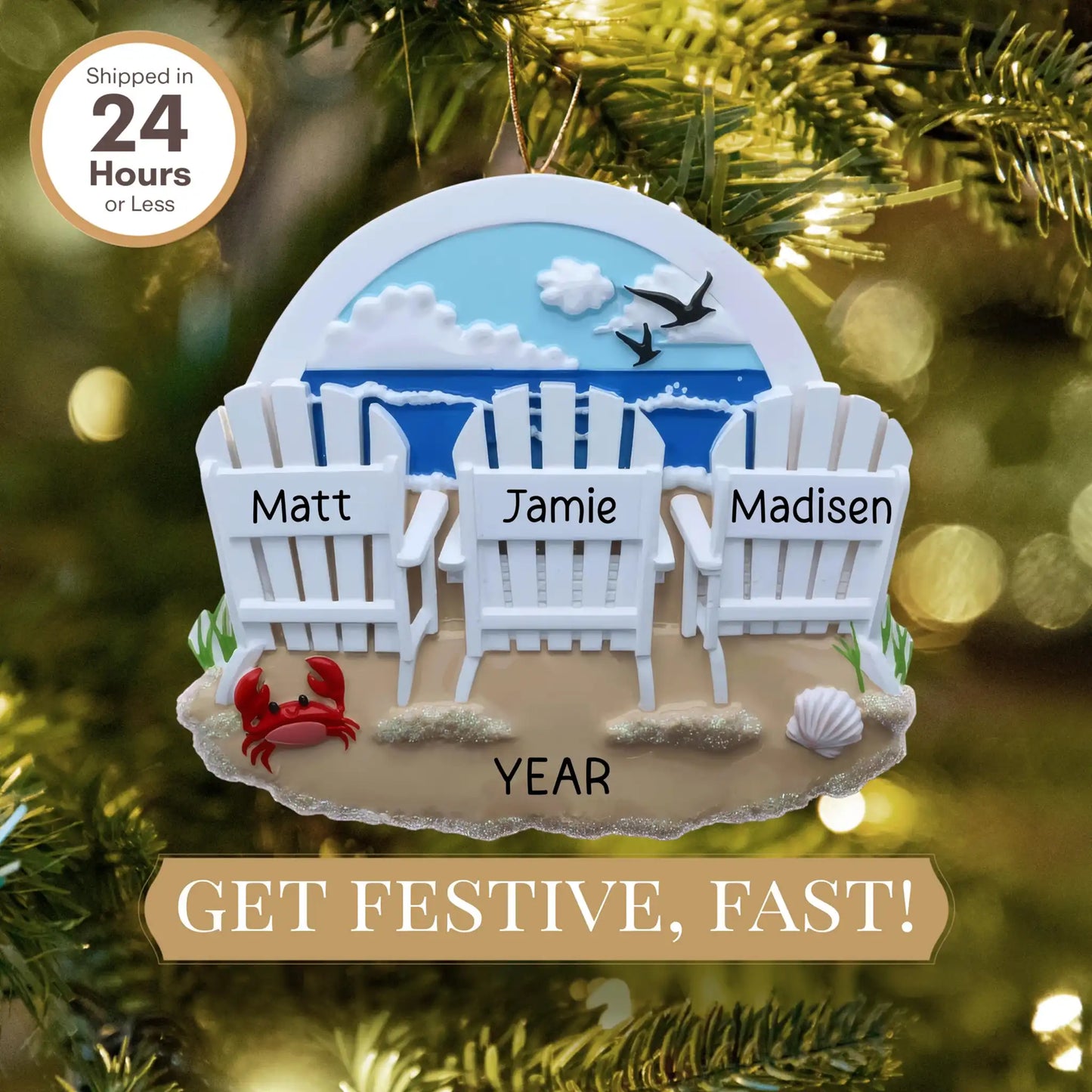 Adorno navideño de familia de 3 sillas de playa 