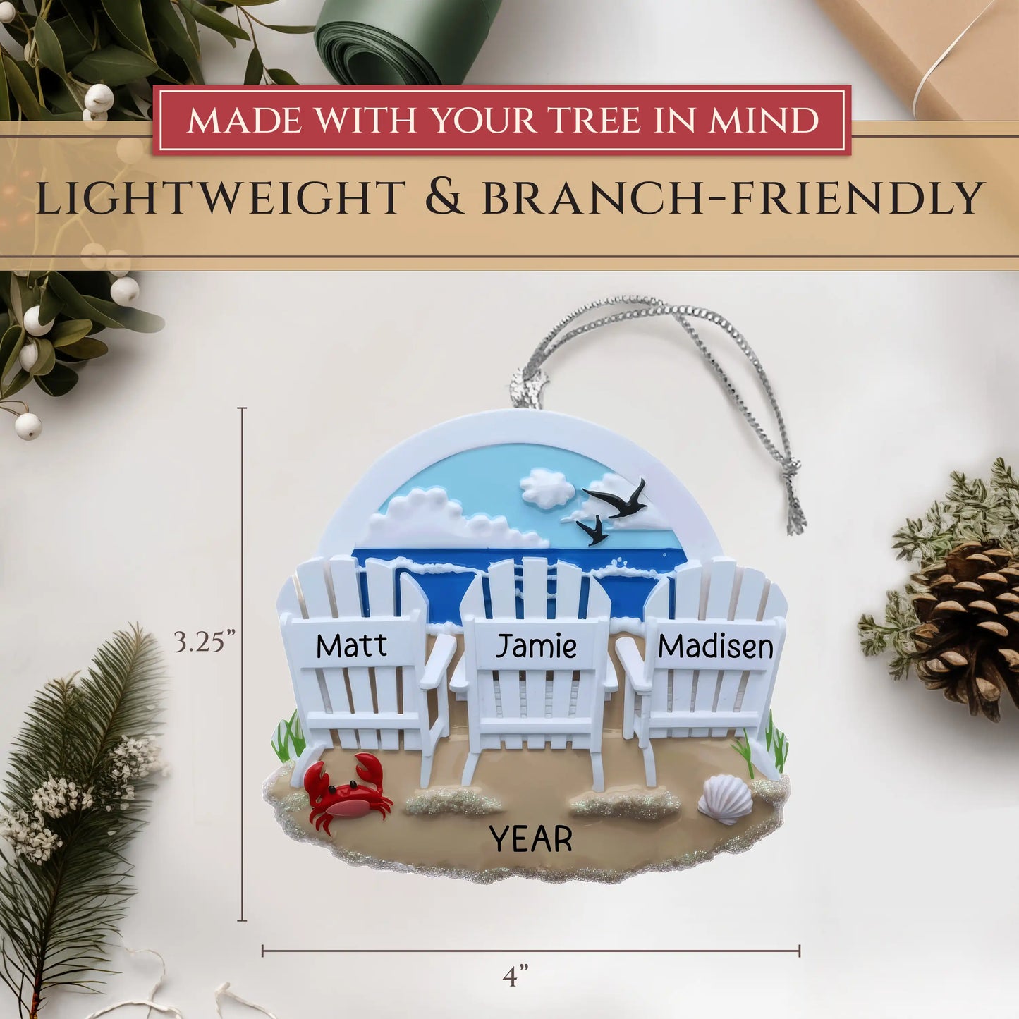 Beach Chair Family of 3 Christmas Ornament