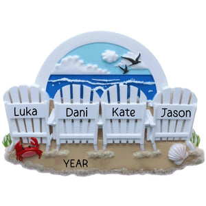 Personalized beach chair family of 4 Christmas ornament, Adirondack chairs in the sand laser engraved with names and year