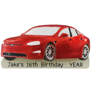Personalized red sports car ornament, laser engraved with name and year