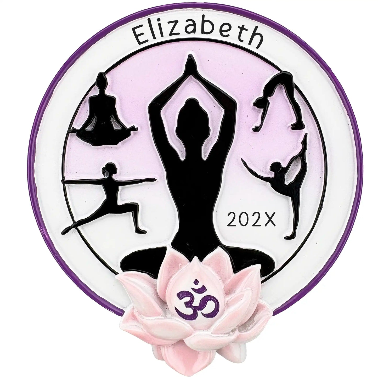 Circular yoga poses ornament with five silhouettes, lotus flower, Om symbol, and personalized name