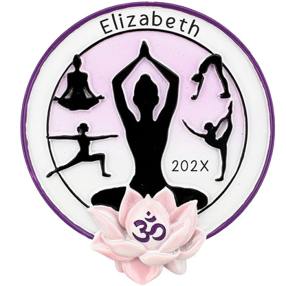 Circular yoga poses ornament with five silhouettes, lotus flower, Om symbol, and personalized name