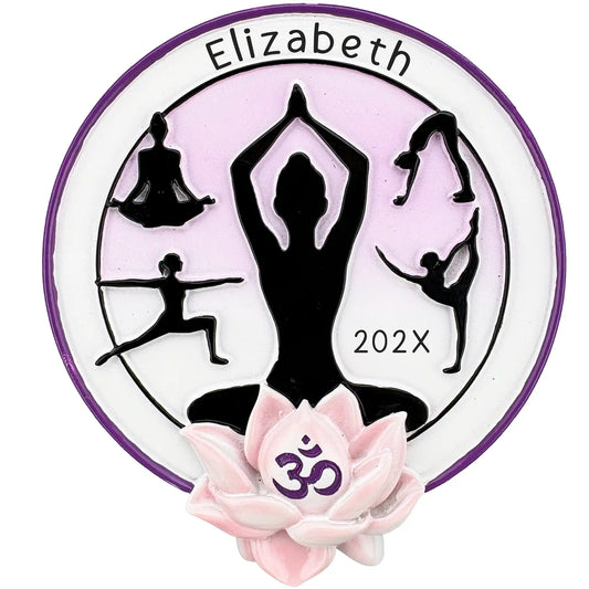 Circular yoga poses ornament with five silhouettes, lotus flower, Om symbol, and personalized name