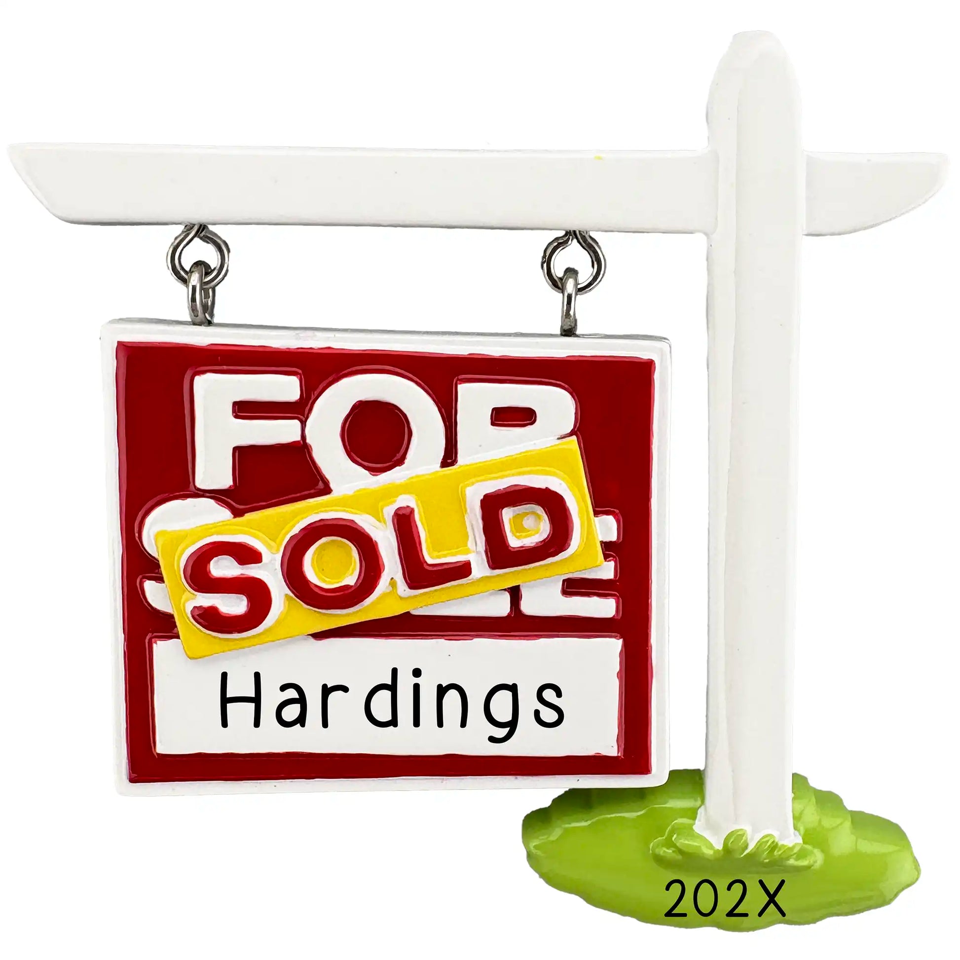 Decorative ornament of a 'For Sale' sign with 'Sold' text that can be personalized with a name and year.