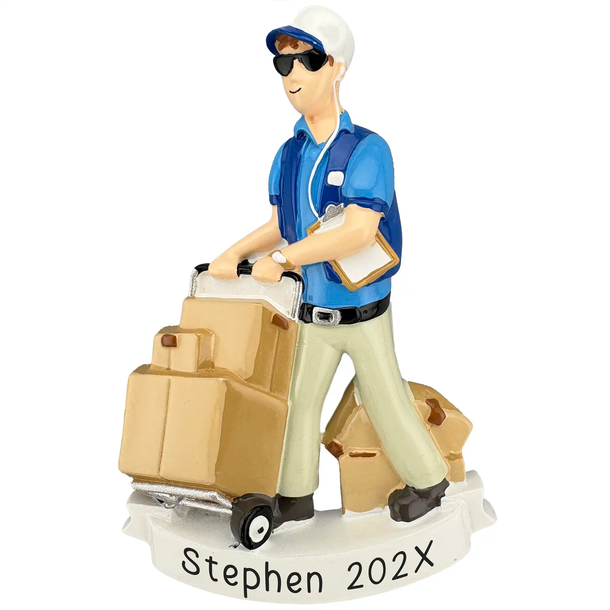 Amazon styled delivery driver ornament in blue uniform pushing a cart of packages personalized with name and year