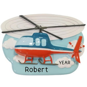 Personalized helicopter Christmas ornament, a cartoon helicopter, laser engraved with a name.