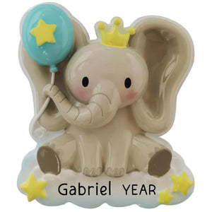 Baby boy elephant Christmas ornament with a golden crown and star balloon, custom name and year laser engraved