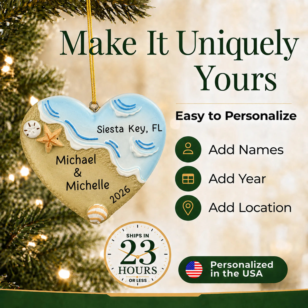 Make it yours: add names, year and location to the personalized name in sand beach christmas ornament