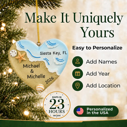 Make it yours: add names, year and location to the personalized name in sand beach christmas ornament