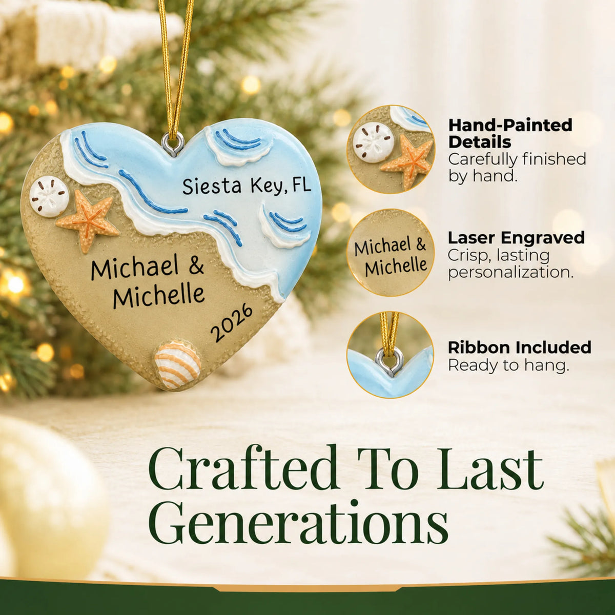 Hand-painted details and laser engraved personalization on the name in sand beach christmas ornament, ribbon included