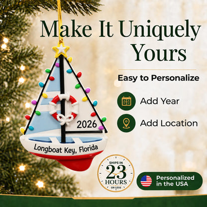 Make it yours: add year and location to the personalized lighted sailboat christmas ornament