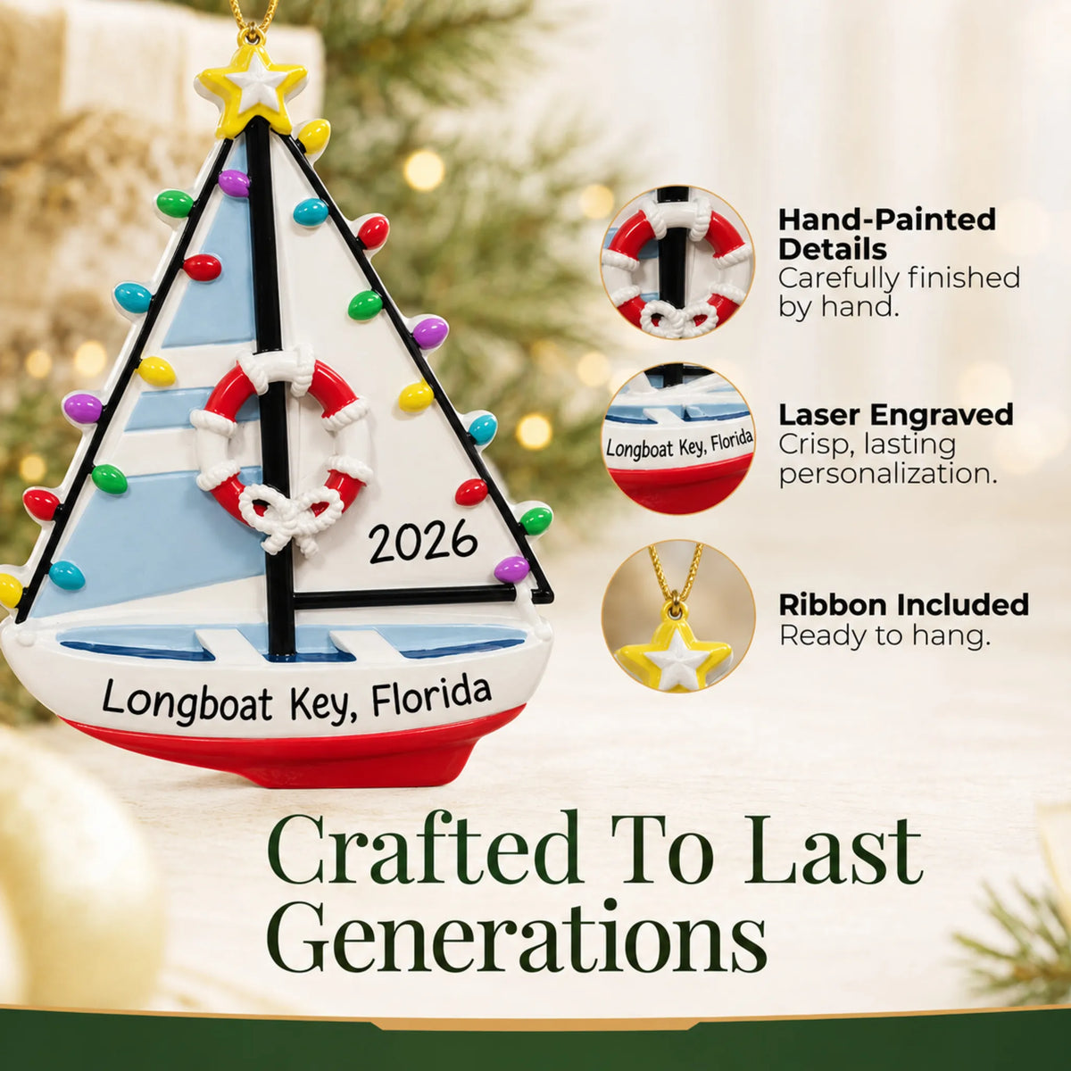 Hand-painted details and laser engraved personalization on the lighted sailboat christmas ornament, ribbon included