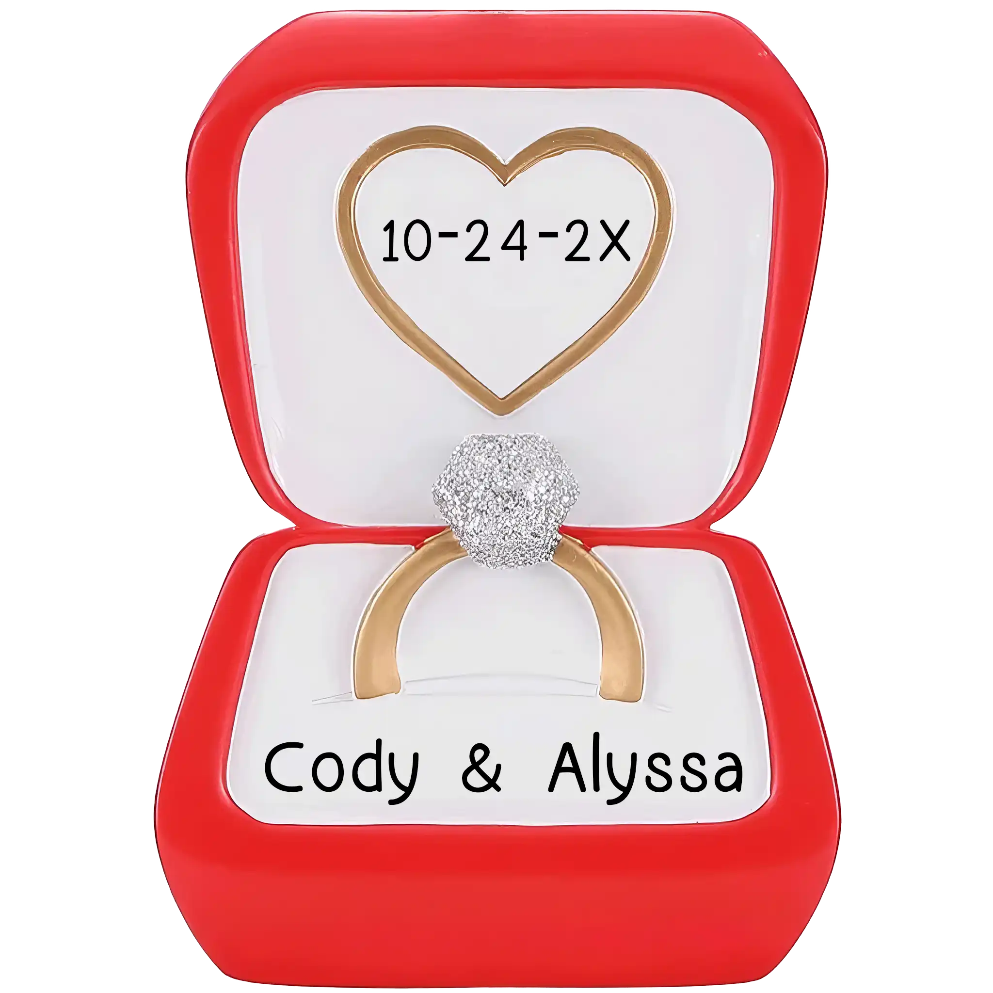 Personalized Christmas ornament shaped like an open red engagement ring box featuring a gold ring with a sparkling simulated diamond, ready for custom name and date engraving.