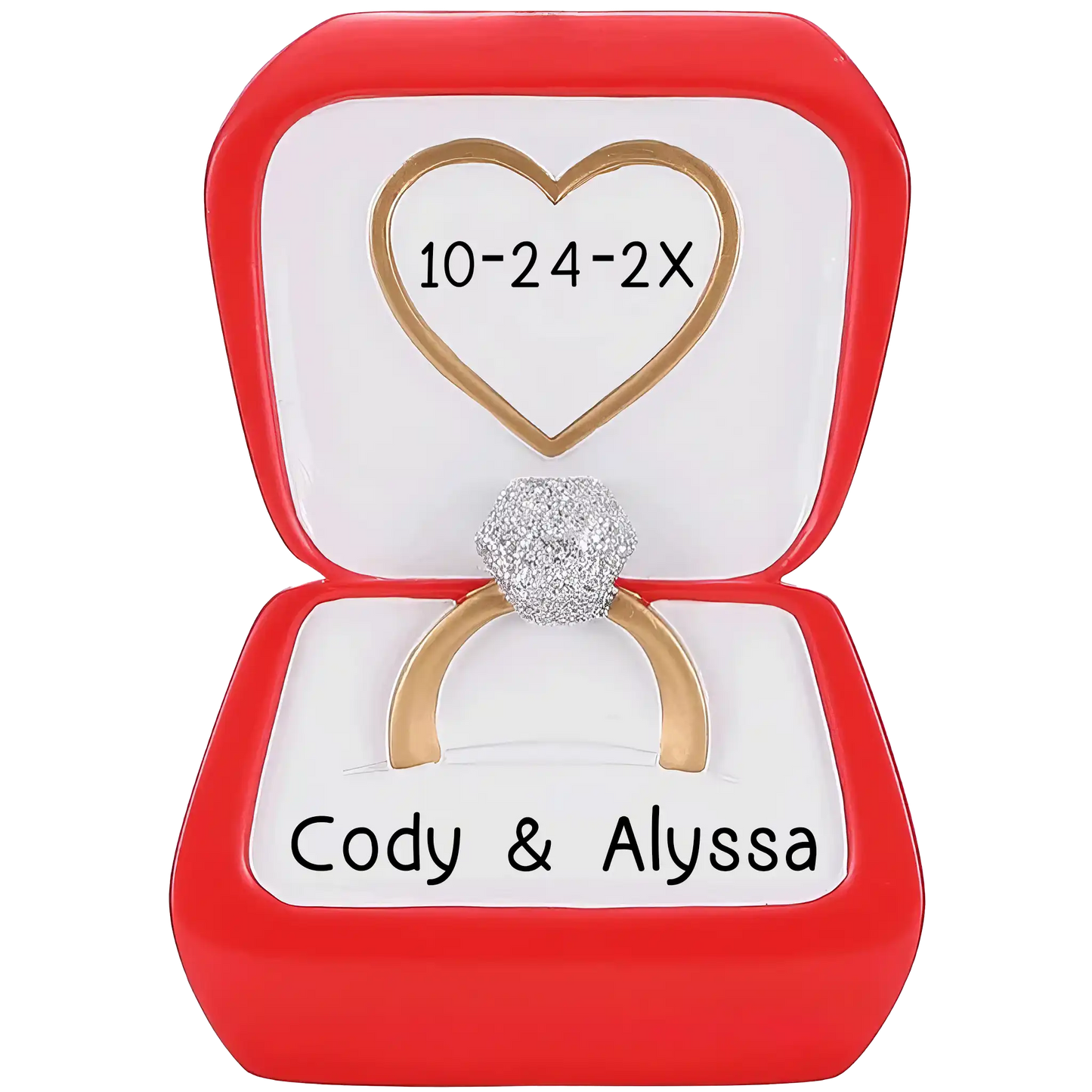 Personalized Christmas ornament shaped like an open red engagement ring box featuring a gold ring with a sparkling simulated diamond, ready for custom name and date engraving.