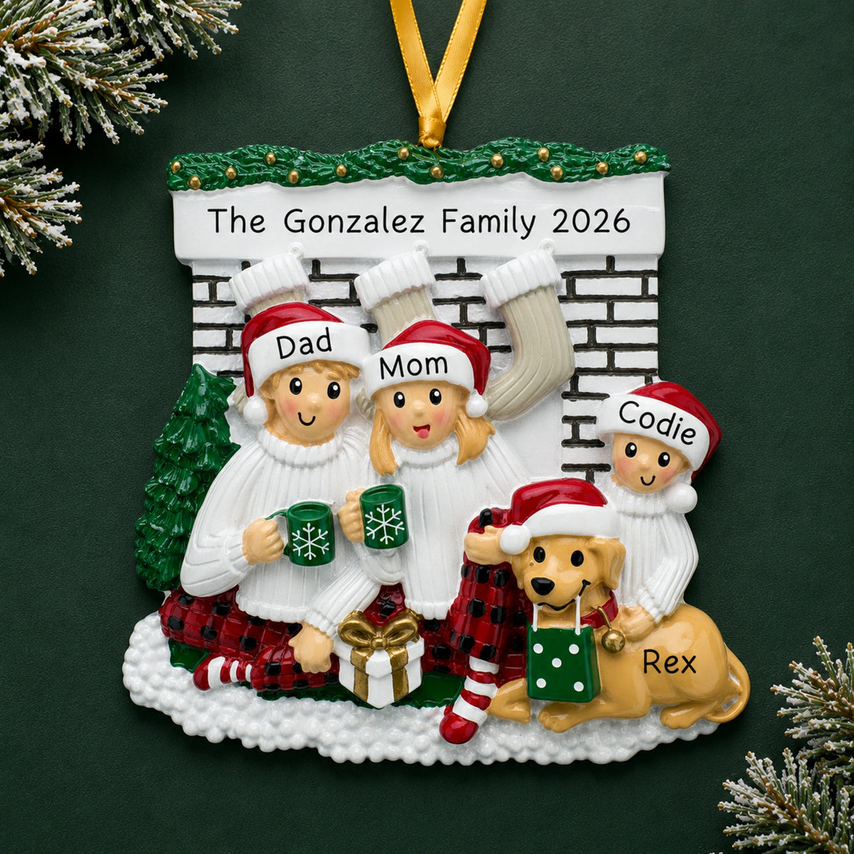 Personalized family of 3 with dog fireplace Christmas ornament, three in pajamas by the fireplace with names