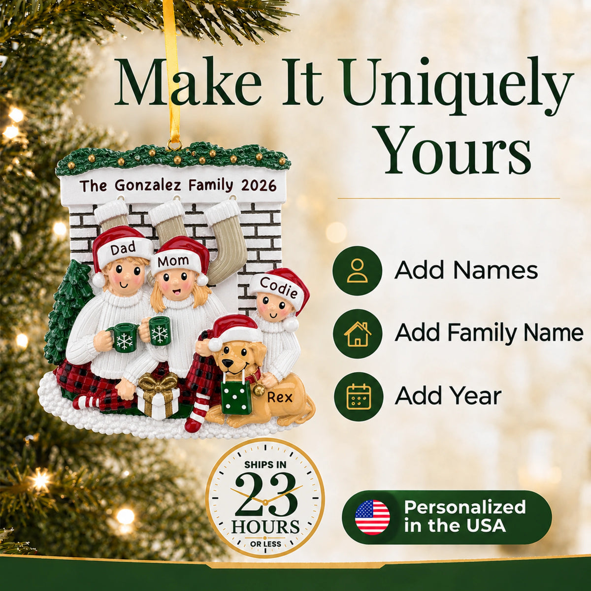 Make it yours: add names, family name and year to the personalized family of 3 with dog Christmas ornament