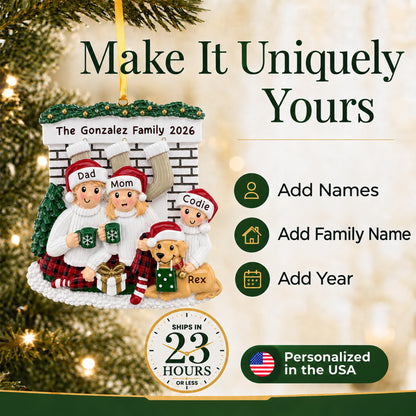 Make it yours: add names, family name and year to the personalized family of 3 with dog Christmas ornament