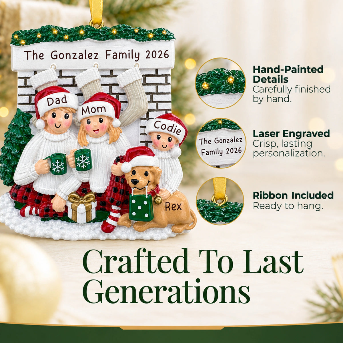 Hand-painted, laser-engraved personalized family of 3 with dog Christmas ornament with ribbon ready to hang