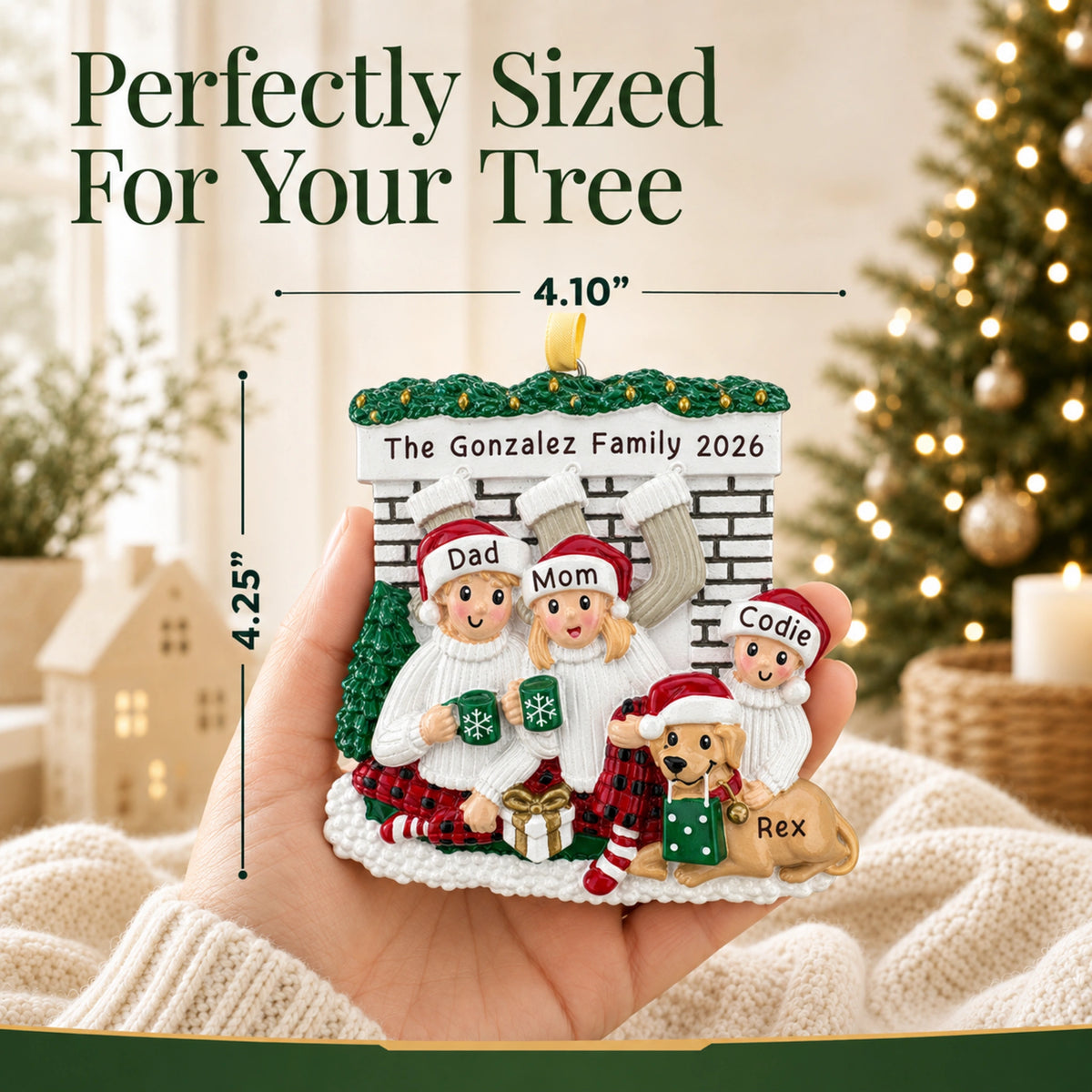 Personalized family of 3 with dog fireplace Christmas ornament held in hand, about 4 inches wide for your tree