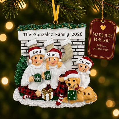 Personalized family of 3 with dog fireplace Christmas ornament on tree with a Made Just For You gift tag