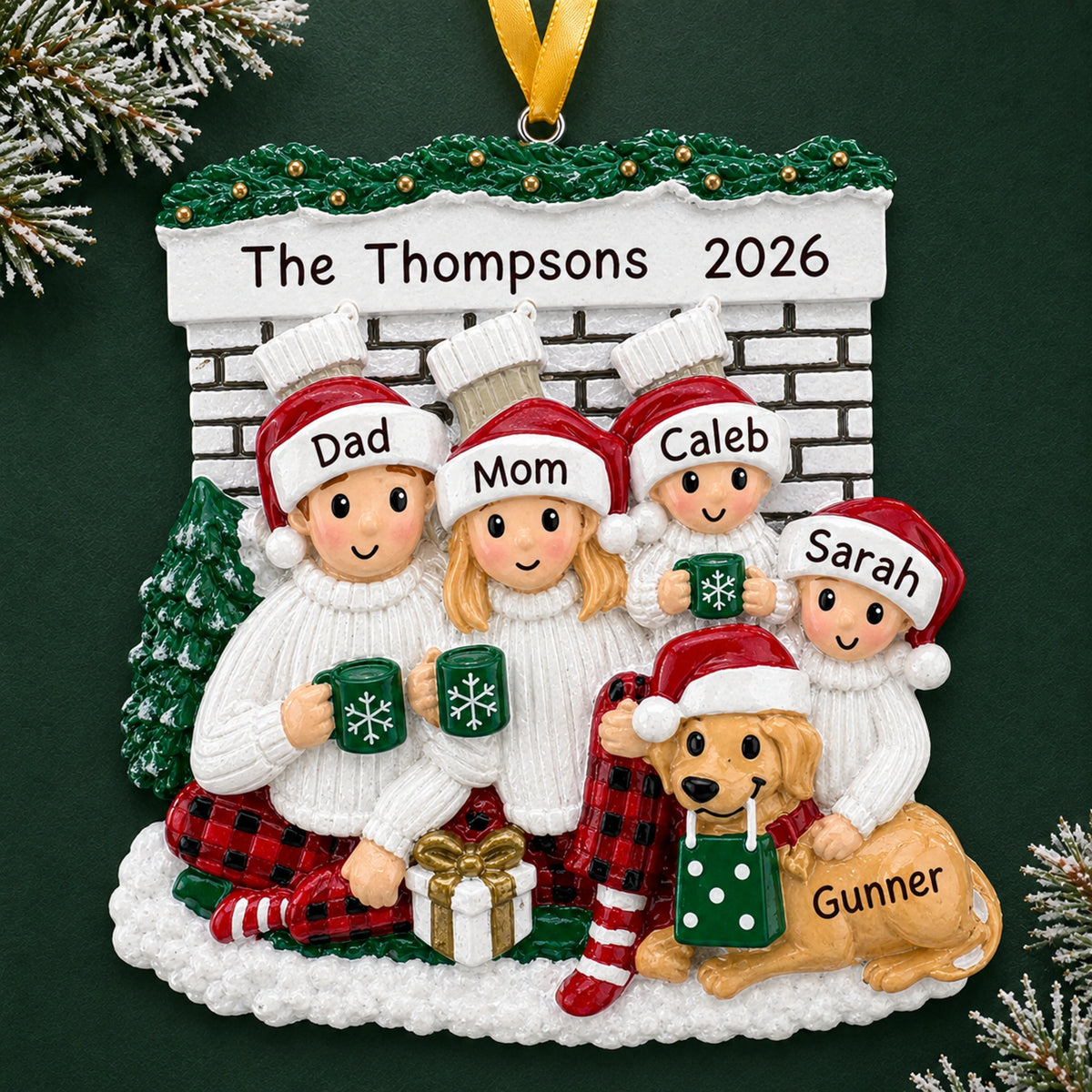 Personalized family of 4 with dog fireplace Christmas ornament, four in pajamas by the fireplace with names