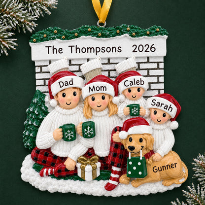 Personalized family of 4 with dog fireplace Christmas ornament, four in pajamas by the fireplace with names