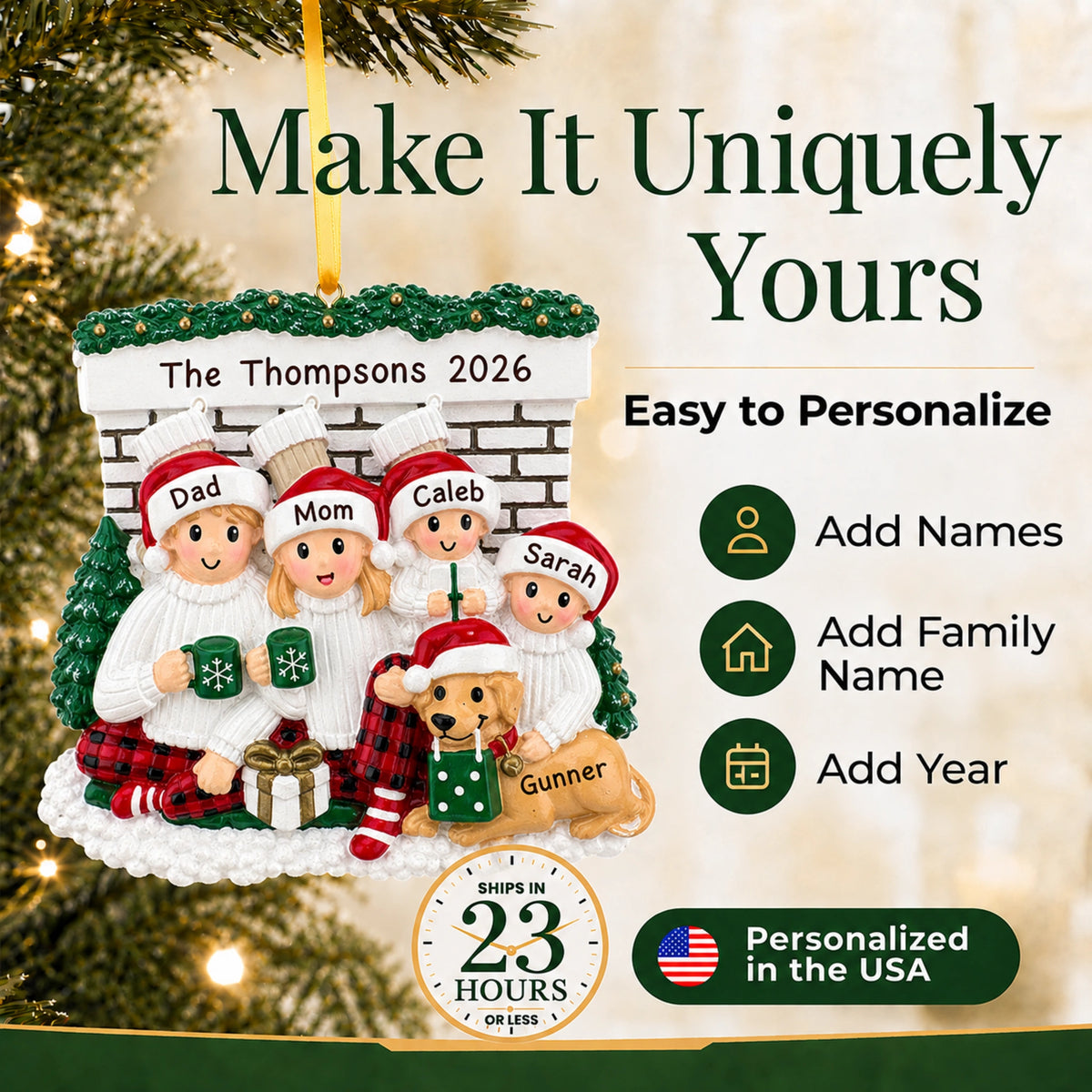 Make it yours: add names, family name and year to the personalized family of 4 with dog Christmas ornament